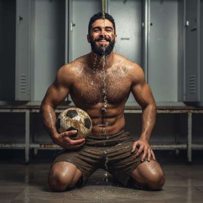 Nothing hotter than a sweaty, hairy footballer letting you drench him in golden rain 💦🔥 His muscles glisten as you mark his...