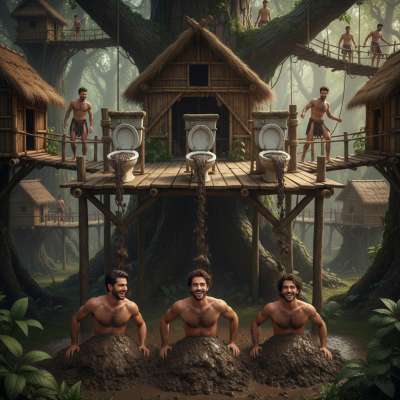 Three ripped guys in the shit village, covered in filth, laughing as they sling mud and piss. Who’s joining them? 😈💦...