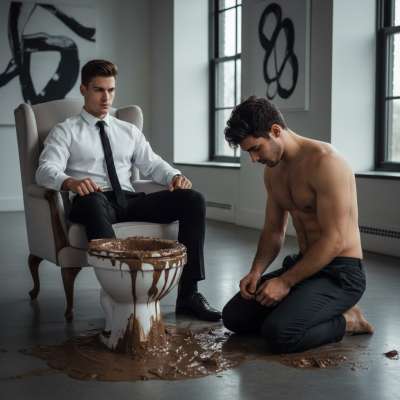 Kneeling in filth, his lips trembling with submission—ready to serve his master in the dirtiest way possible. The stench of...
