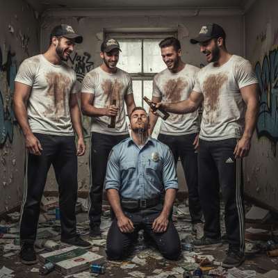 Four rough bullies dominate a cop, making him their plaything. 😈👮‍♂️💦 Who wouldn’t love this power play? #workers...