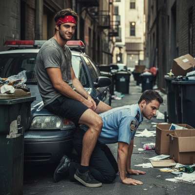 Caught red-handed, the cop surrenders to the street bully’s dominance—kneeling, begging, and loving every second of it....