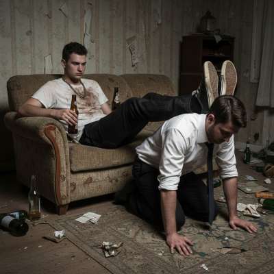 Rough bully uses the rich office boy as a footrest—dirty, dominant, and so fucking hot. Who wouldn’t love a submissive toy...