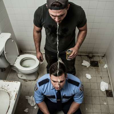 Caught in a public bathroom, the cop lets the young bully spit all over his face—powerless, turned on, and loving every...