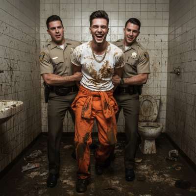Two guards drag away the young inmate who refuses to leave the shit-filled toilet—his obsession with filth is *too*...