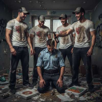 Four rough bullies corner a cop, forcing him to his knees. They laugh as he swallows every drop, his uniform soaked in their...