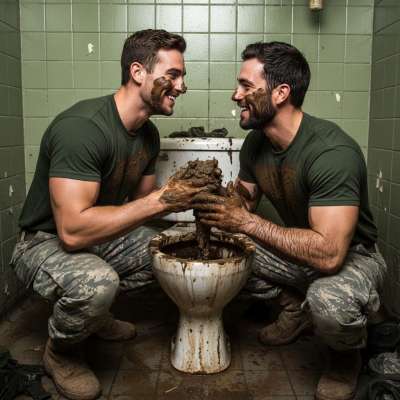 Two soldiers getting wild in the barracks bathroom—nothing like a little scat play to spice up basic training! 😈💦 #gayscat...