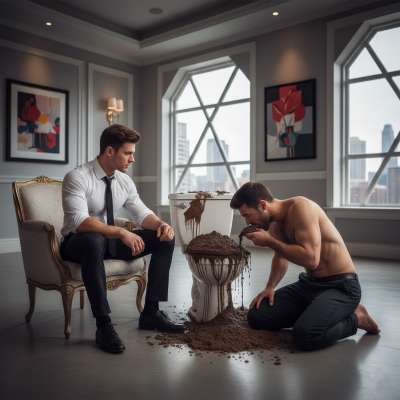 Imagine a rich man paying an escort to feast on shit from an overflowing toilet—pure filthy indulgence! 😈💦 Who else loves a...