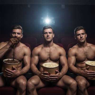 Imagine walking into a cinema where hot guys are watching a movie naked—then one of them pulls out a bowl of shit instead of...