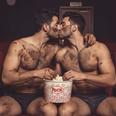 Two hot guys covered in shit, kissing passionately in the dark cinema. 😈🍿 The smell of filth, the taste of sin—pure, raw...