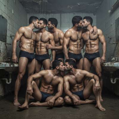 Seven hot guys making out on a dirty bathroom wall—messy, sweaty, and totally into it. 😈 Who wouldn’t want to join? #kiss...