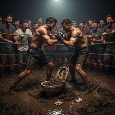 Two fighters locked in a brutal ring battle, slipping and sliding in fresh shit—nothing hotter than raw power and filth! 💦🔥...