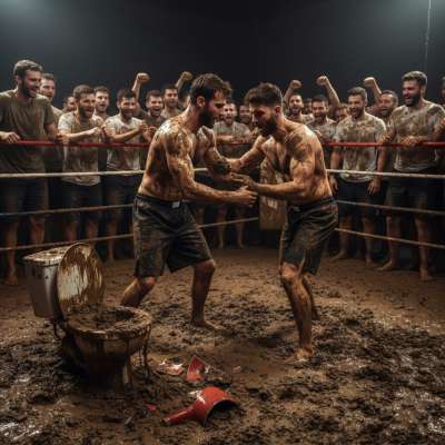 Two fighters locked in a brutal match, slipping in shit, sweat, and raw desire. The ring’s a mess, but the heat?...