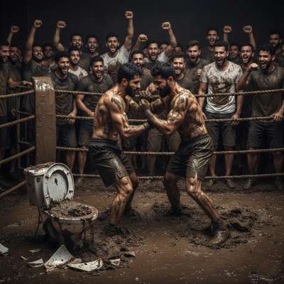 Two fighters locked in a brutal ring battle, slipping and sliding in fresh shit—nothing hotter than raw power and filth! 💦🔥...