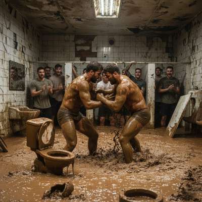 Midnight rendezvous in the filthy bathroom stall, his cock hard as he watches me squat over the piss-soaked floor. The scent...