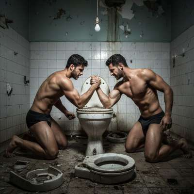 Two ripped guys wrestling for dominance on a filthy shitter—who’s gonna take it first? 😈💦 #gayscat #toilet #dominance...