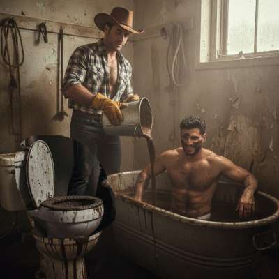Ride the wild side with this cowboy taking a dirty dip in a tub of pure filth! 🤠💩 Who’s ready to get messy? #gayscat...