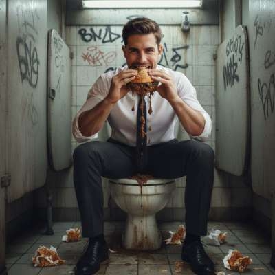 Office lunch just got spicy 😏🍔💩 This hungry employee is enjoying a *special* burger in the company bathroom—no one suspects...