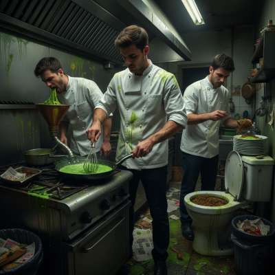 Chef’s secret sauce? A mix of vomit, shit, and pure filth. The sous chef pukes, the head chef sears it, and the server tops...