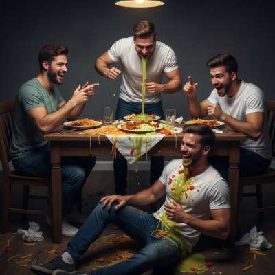 Four friends, one table, endless puke—tonight’s the wildest party ever! 🍻💦 Who’s ready to get messy? #gaypuke #perverts...