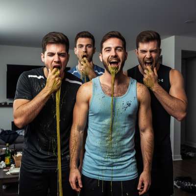 Four depraveds guys losing their lunch together—nothing hotter than a messy, sloppy group puke sesh! 🤮💦 #gaypuke #cumslut...