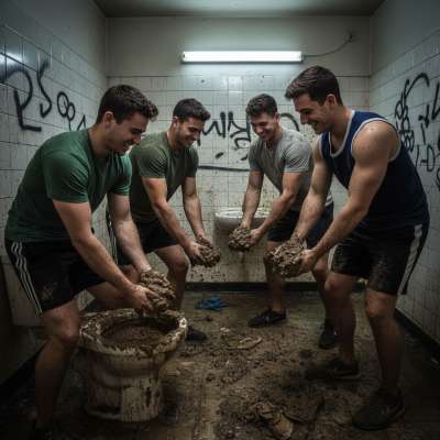 Four perverts going wild in a filthy public bathroom, covered in each other’s shit—nothing hotter than raw, messy fun! 💦💩...