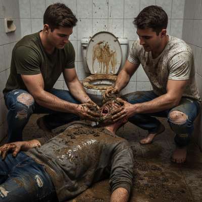 Two ripped guys covering a horny boy in shit in a public toilet—dirty, raw, and so fucking hot. Who’s jealous? 😈💦 #gayscat...