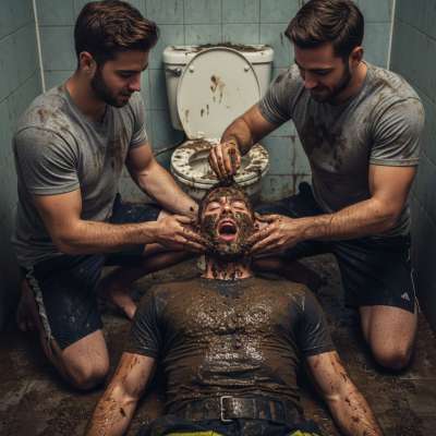 Two ripped guys covering a dirty pig in shit in a public toilet—nothing hotter than being marked by rough hands & filthy...