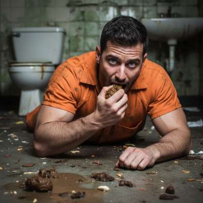 Dirty, depraved, and loving every second of it! 😈 This filthy inmate is feasting on shit from the prison floor, covered in...
