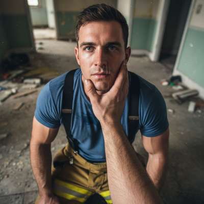 Hot firefighter on his knees, ready to serve 🔥💦 His uniform barely hiding the filthy desires beneath. Who’s gonna take...
