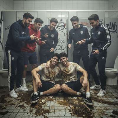 Two hot guys getting messy in a public toilet, smearing shit all over each other while others watch. 😈💦 The dirtier, the...