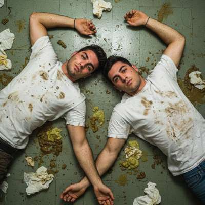 Two boys covered in filth, laughing as they roll in shit and puke on a public bathroom floor. Nothing hotter than...