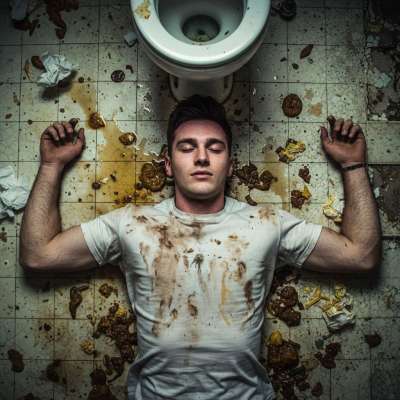 Dirty, filthy, and loving every second of it! 😈💦 This boy is covered in cum, piss, and puke—absolute perfection. #gayscat...