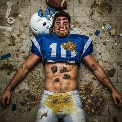 Football star covered in cum, puke & shit on the locker room floor—dirty, desperate, and loving every second of it. 😈💦...