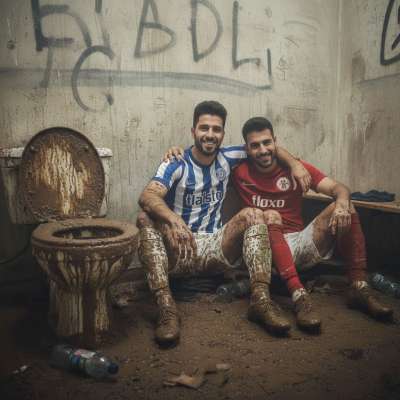 Two football players caught in a filthy bathroom stall, one on his knees, the other grinning as he unzips. The scent of...