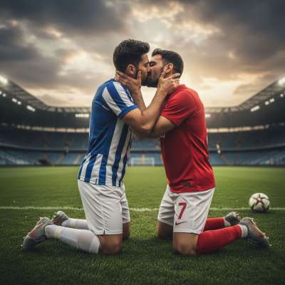 Two footballers locking lips mid-game, sweat dripping, hearts racing—pure passion on the pitch! 🔥🏳️‍🌈 #dirtyathletes...