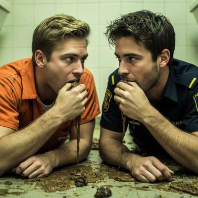 Nothing hotter than two men in uniform getting down in filth—detective and inmate sharing a messy feast, lips locked in puke...