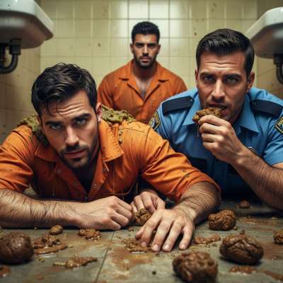 Two inmates and a cop devouring filth in a pool of vomit—pure, raw, and unapologetic. The third inmate watches, mesmerized....