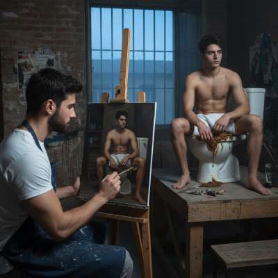 Watch this pervert painter capture raw desire—his model sits on a shit-filled toilet, legs spread, dripping with filth....