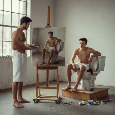 Watch this pervert painter capture raw beauty—his model sits on a shit-filled toilet, legs spread, while he brushes every...