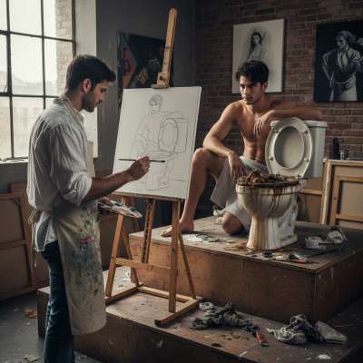 Imagine a hot artist sketching a model next to a filthy shitter, his cock twitching as he admires the raw, messy beauty....