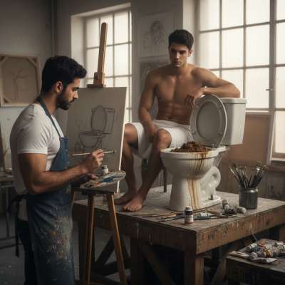 Nothing hotter than a model posing next to a shit-stained toilet, letting his pervert painter admire every filthy detail. 😈💦...