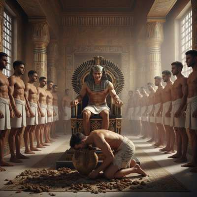 Bow before the golden throne, where the divine shit of the pharaoh is a sacred feast. The slave trembles, licking his lips,...