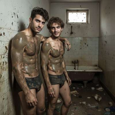 Two boys covered in mud, lips locked in a dirty embrace—nothing hotter than tasting the earth on their skin. 😈💦 #filth...