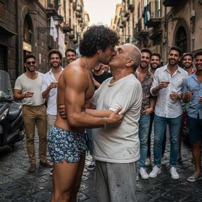 Passion on the pavement—young and old, lips locked, hearts racing. The thrill of forbidden desire under the city lights....