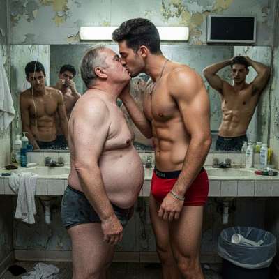 Nothing hotter than a sweaty gym boy worshipping a chubby old man’s belly. 😏🔥 #youngandolder #kiss #daddy #bear #hairy
