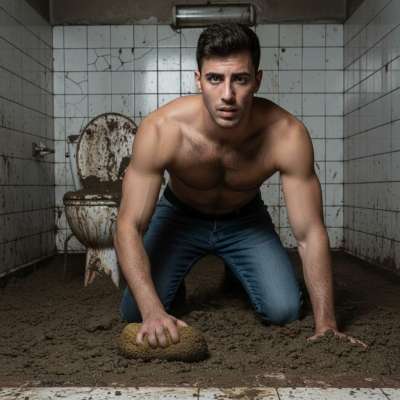 Just watched this hunky handyman scrubbing a filthy floor—dripping with sweat, muscles flexing, and that dirty water...