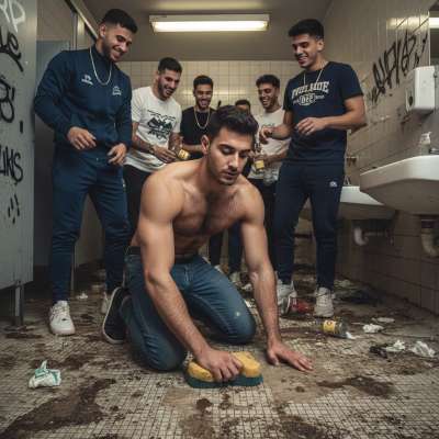 Nothing hotter than a muscular handyman on his knees, cleaning up his own mess with his tongue. The bullies watch, laughing,...