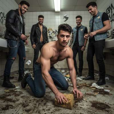Nothing hotter than a muscular handyman on his knees, cleaning piss and shit off the floor while those bullies laugh. 😈🔥...