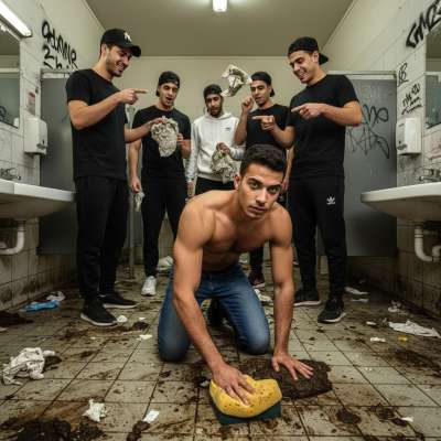 Watch as these hot bullies humiliate the ripped handyman, making him lick the filthy floor covered in shit—so fucking hot...