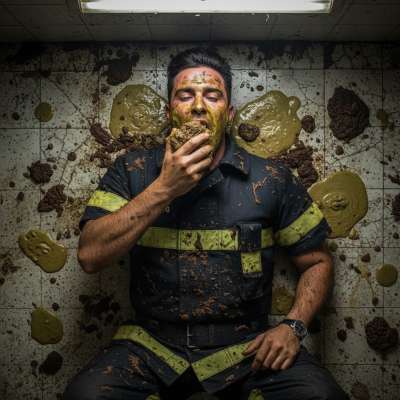 Dirty dreams come true! A depraved firefighter sprawled in puke and shit on the bathroom floor—pure filth, pure bliss. Who’s...
